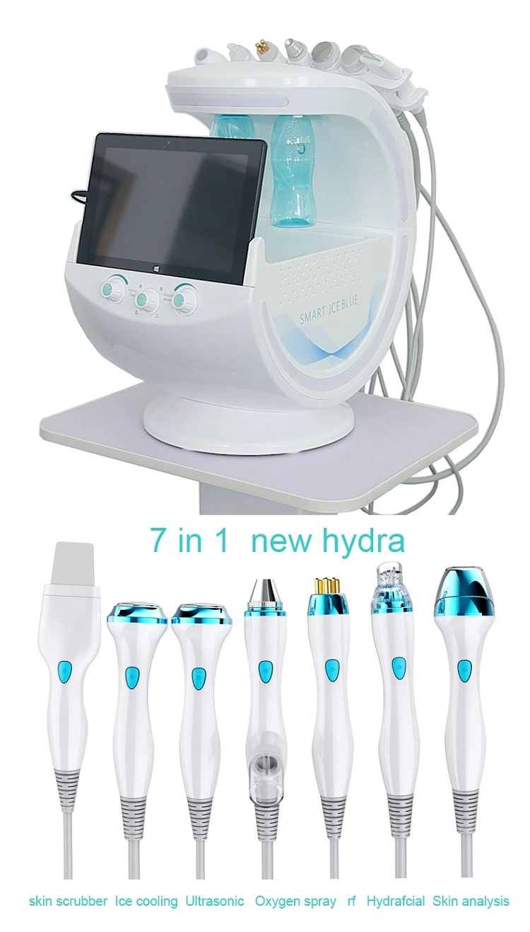 Portable 7in1 Hydra Facial Aqua Peel Smart Ice Blue RF Radio Frequency Skin Scrubber Hydra Dermabrasion Hydro Facial Beauty Salon Equipment with Skin Analyzer